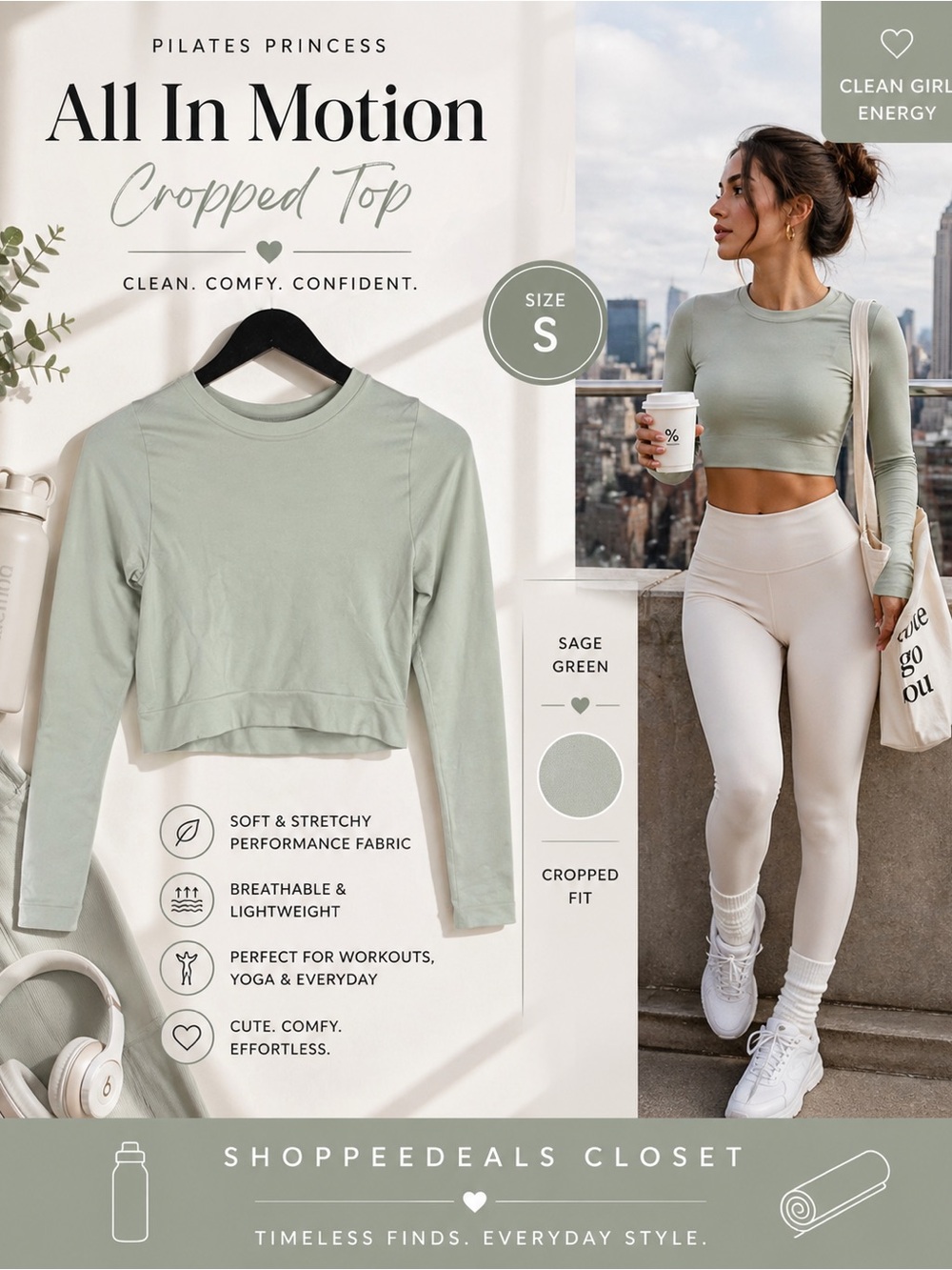 All In Motion Sage Green Cropped Long Sleeve Top Athleisure
